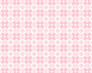 ピンクのデイジーと菱形（ダイヤ）の幾何学模様シームレスパターン  レトロポップで可愛い！ピンクのチェック柄タイル背景