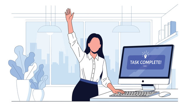 Excited businesswoman celebrating achievement at her desk. Ideal for motivation, success themes, teamwork celebration visuals, and professional growth content - Powered by Adobe