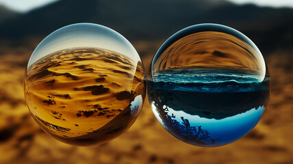 Two Glass Spheres Reflecting Desert and Ocean Landscapes