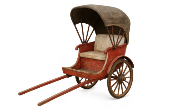 Vintage red rickshaw with canopy, traditional asian transportation vehicle isolated on transparent background