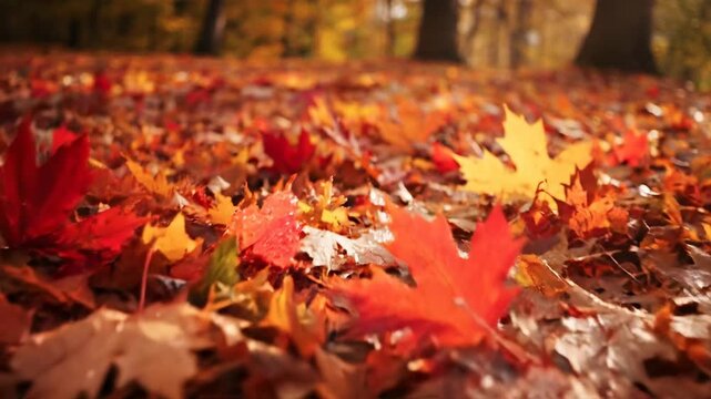 Vibrant red maple leaves and golden autumn foliage create a colorful seasonal texture throughout the nature park forest during the fall season