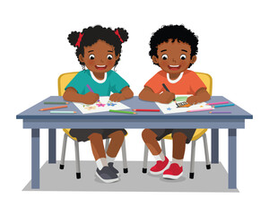 Two African kids students drawing coloring at the table together

