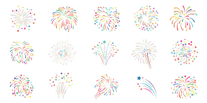 Bright celebration fireworks set, colorful explosive icons for party designs