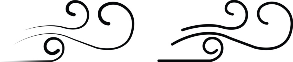 Black Wind Breeze Swirl Icon Set Collection Group in Flat Line Style, Air Flow Symbol Pack with Abstract Curved Gust Shapes, Minimal Outline Weather Elements and Motion Lines Vector Illustration