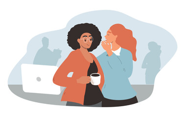 A flat style vector illustration of two women gossiping at work