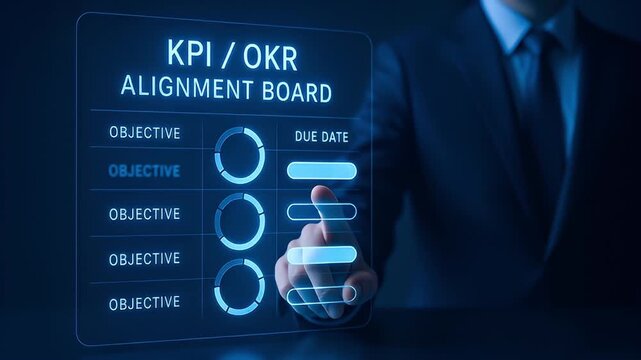 Kpi okr alignment board dashboard displaying objectives progress rings and due dates with business person touching transparent touchscreen interface for realtime strategic objective tracking