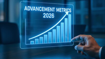 Advancement metric growth 2026 futuristic business chart with rising bar graph and upward arrow holographic growth chart showing advancement metrics 2026 held by business hand office setting - Powered by Adobe
