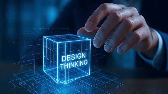 Design thinking concept holographic blue cube projection over digital blueprint with glowing innovation interface and hand interaction blue wireframe hologram held above circuit table conveying