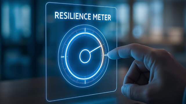 Resilience meter gauge digital interface hand finger control futuristic dashboard glowing circular dial pointer displaying strength level recovery metrics hologram office interaction