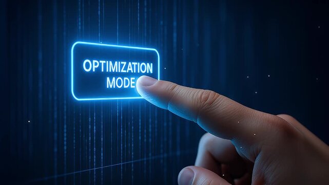 Optimization mode button glowing blue touched by human finger futuristic interface activating performance boost and efficiency improvement neon button pressed by finger digital interface with data