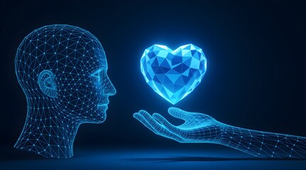 Digital human head looks at a heart held in a wireframe hand on dark blue