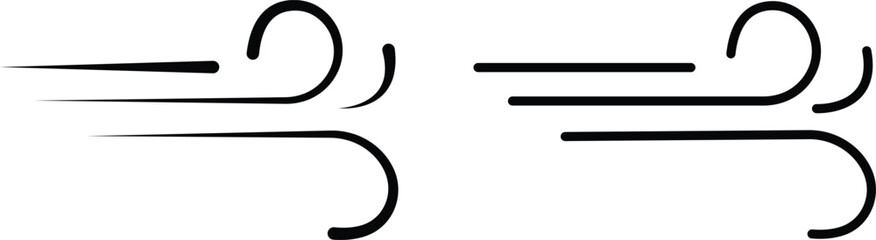 Black Wind Breeze Swirl Icon Set Collection Group in Flat Line Style, Air Flow Symbol Pack with Abstract Curved Gust Shapes, Minimal Outline Weather Elements and Motion Lines Vector Illustration