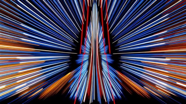 Blue light burst radial streak long exposure colorful neon pattern abstract motion orange accent symmetrical design night photography illuminated lines glowing motion blur festive decoration