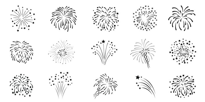 Fireworks silhouette icon set, unique black burst design collection