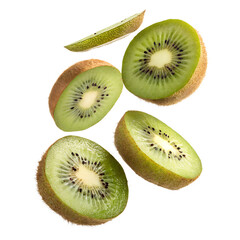 Fototapeta premium Fresh, ripe kiwi fruit slices with vibrant green flesh and black seeds, arranged dynamically, isolated on transparent background