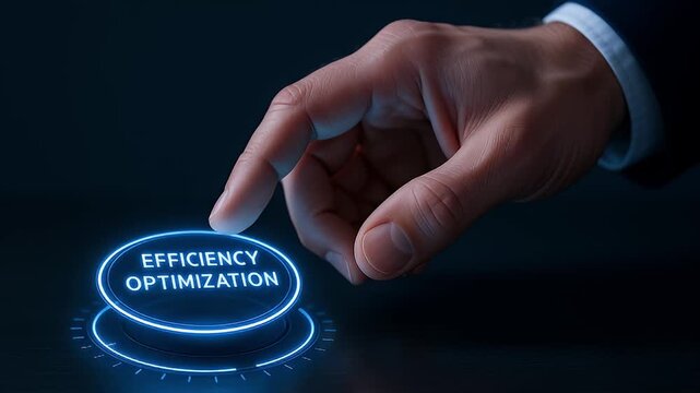 Efficiency optimization button illuminated dark table with businessman hand about to press glowing interface fingertip touch glow suit touchpoint hologram productivity workflow control - Powered by Adobe