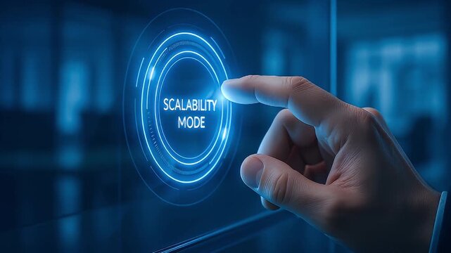 Finger touches glowing blue touchscreen button labeled scalability mode futuristic technology interface illustrating digital control and business growth concept scalability mode button hand