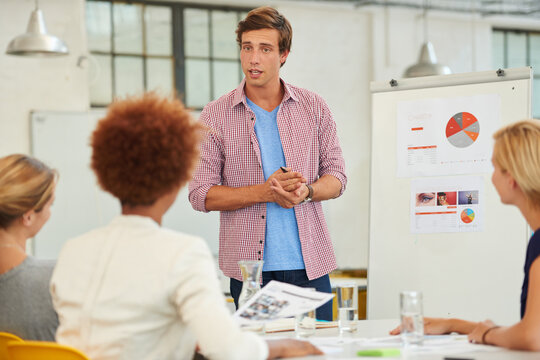 Startup, whiteboard and man with team in meeting with chart for budget, project funding and report. Creative agency, presentation and workers with graph for proposal, company revenue and statistics - Powered by Adobe