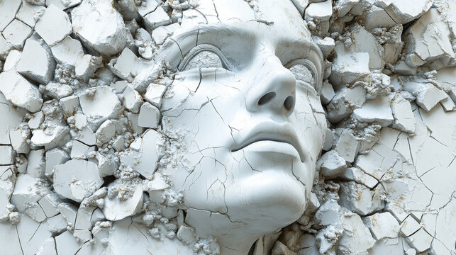 White plaster face emerging from or breaking apart into crumbling, cracked pieces. Use for stress, mental health, psychology, breakdown, or abstract art blogs/sites.