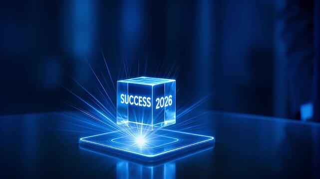 Success 2026 glowing glass cube hologram above tablet with blue light glow, success cube glowing above touchscreen device conveying futuristic achievement and ambition, holographic cube projection