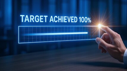 Target achieved 100% progress bar glowing blue finger touch completion light business success progress bar glowing above desk businessman finger touch completion light celebrating achievement - Powered by Adobe
