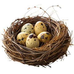 Obraz premium Five speckled quail eggs in a natural birds nest made of twigs and straw, representing new life and spring, isolated on transparent background