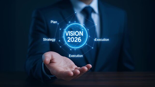 Vision 2026 plan strategy execution businessperson suit leadership futuristic hand holding glowing digital holographic strategy sphere inspiring growth and confident planning