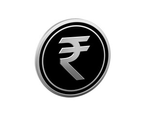 Glossy silver Indian Rupee symbol coin against a black background, representing