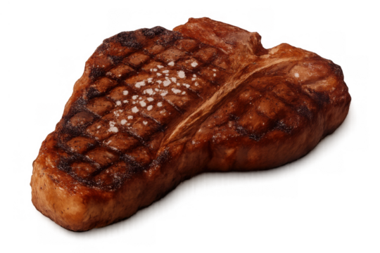 Delicious t-bone steak with grill marks and sea salt, perfectly cooked, isolated on transparent background