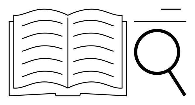 Open book with text lines paired with a magnifying glass, emphasizing focus on reading, analysis, and knowledge. Ideal for education, research, study, learning, investigation literature discovery