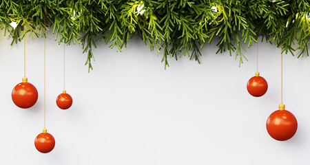 3D Christmas background with green pine branches and red ornaments hanging on a clean white backdrop. Festive winter composition for holiday designs, banners and greeting cards.