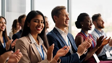 Diverse, happy business professionals applaud excitedly at a conference or seminar. Multiracial audience members smile, showing engagement and appreciation in a modern corporate event setting.