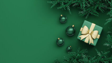 3D Christmas background with green ornaments, gift box and festive pine branches on a green surface. Holiday illustration for seasonal banners and cards