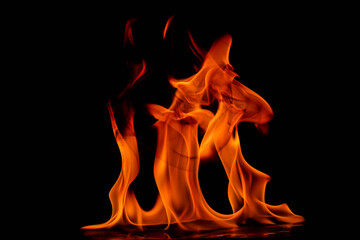 Cluster of Golden Flames Rising Like Dancing Spirits – Horizontal Close‑Up of Smooth, Curved Fire Shapes on a Reflective Surface in Deep Black, Capturing Rhythm, Warm Light, and the Lively, Story‑Like