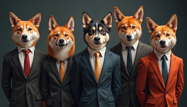 Group of dogs dressed in business suits. They pose as a team in a studio. Diverse canines show pro demeanor and style. This image is great for corporate content.
