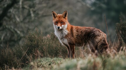 Majestic Red Fox Standing Alert in a Lush Forest Environment.