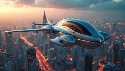 Sleek silver autonomous air vehicle flies over city skyline at sunset. Eco friendly electric aircraft drone represents future urban passenger transport tech, smart mobility. Highlights innovative