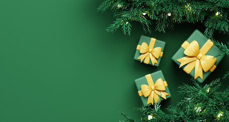 3D Christmas background with green gift boxes, golden bows and holiday tree branches. Festive winter illustration for seasonal banners, cards and promotions.