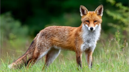 Majestic Red Fox Standing Alert in Lush Green Grassland with Forest Background.