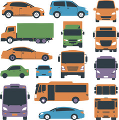 colorful cars trucks buses vector set