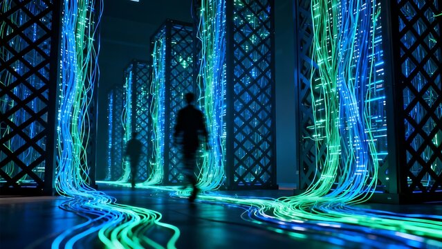 Generative AI data pathways illuminated by vibrant digital streams.