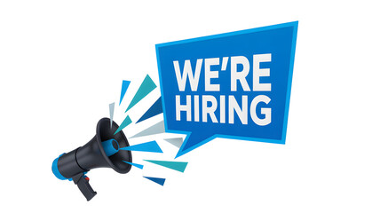 We're hiring announcement with stylish megaphone perfect for your business recruitment needs today isolated on white background