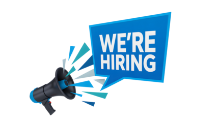 We're hiring announcement with stylish megaphone perfect for your business recruitment needs today isolated on white background