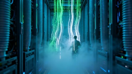 Generative AI data stream entering a server room with person.