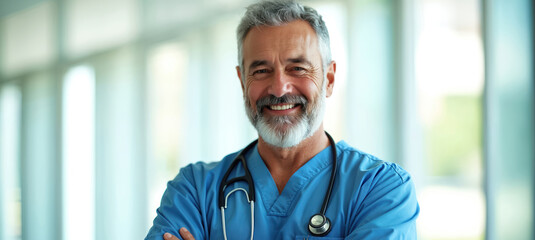 Experienced male doctor with grey beard wearing blue scrubs and stethoscope smiles confidently. Healthcare professional poses with arms crossed in bright hospital hallway. Trustworthy medical expert.