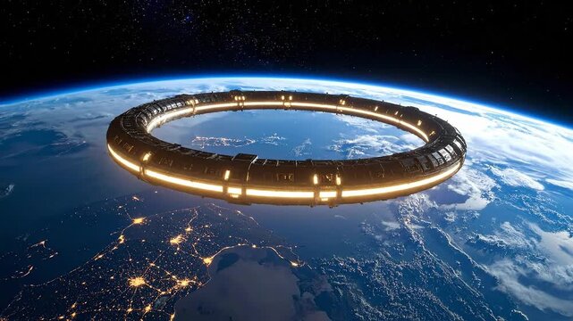 Massive Futuristic Ring Structure Orbiting Earth Above City Lights In Dark Space With Stars And Moon Visible