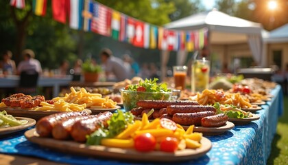 Outdoor buffet presents dishes from different countries. Table with food is decorated with international flags. Friends gathered at the event enjoy meal at the summer garden.