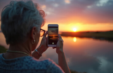 Senior woman takes photo of sunset on mobile phone. Woman holds phone and captures landscape with lake and colorful sky. Person enjoys outdoor moment with technology.