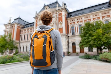 Student with a backpack walking toward a school building