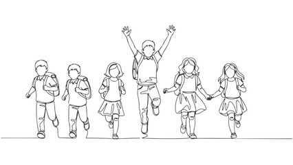 Continuous line art illustration of a group of children running with backpacks and holding hands